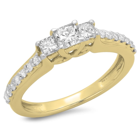 Dazzlingrock Collection 0.85 Carat (ctw) 14K Princess & Round Cut Diamond Bridal 3 Stone Engagement Ring, Yellow Gold, Size 7.5