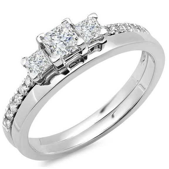Dazzlingrock Collection 0.85 Carat (ctw) 14K Princess & Round Diamond Ladies 3 Stone Bridal Engagement Ring Matching Wedding Band Set, White Gold, Size 7