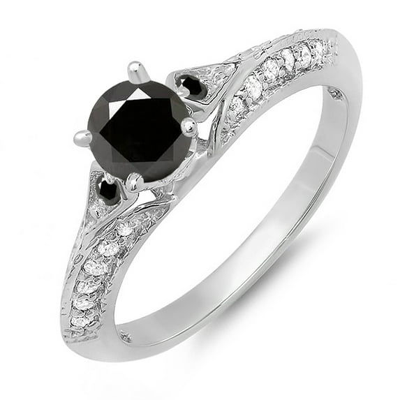 Dazzlingrock Collection 0.85 Carat (ctw) 14K Round Black & White Diamond Ladies Bridal Engagement Ring, White Gold, Size 10