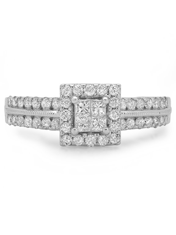 Collection 0.85 Carat (ctw) 14k Quad Set Halo Style Princess And Round Diamond Ladies Engagement Ring, White Gold