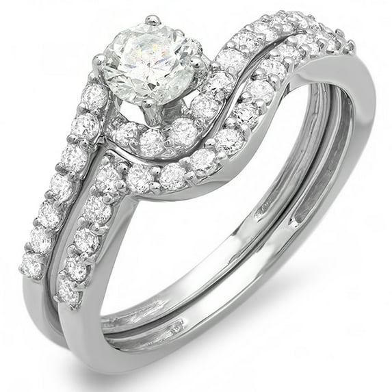 Dazzlingrock Collection 0.85 Carat (ctw) 14k Round Diamond Ladies Swirl Bridal Ring Engagement Matching Wedding Band Set, White Gold, Size 5