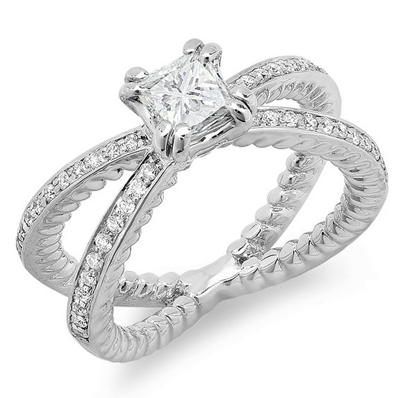 Dazzlingrock Collection 0.85 Carat (ctw) 18K Round & Princess Cut Diamond Ladies Bridal Engagement Ring, White Gold, Size 7