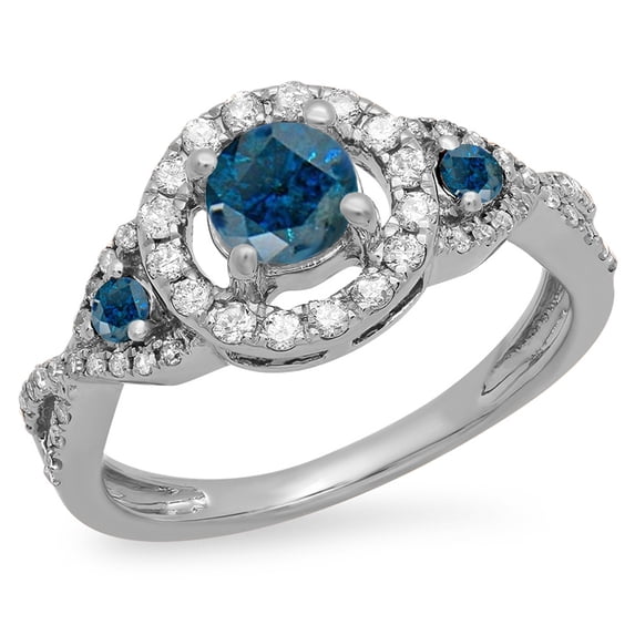 Dazzlingrock Collection 0.90 Carat (ctw) 10K Blue & White Diamond 3 Stone Halo Vintage Engagement Ring, White Gold, Size 9.5