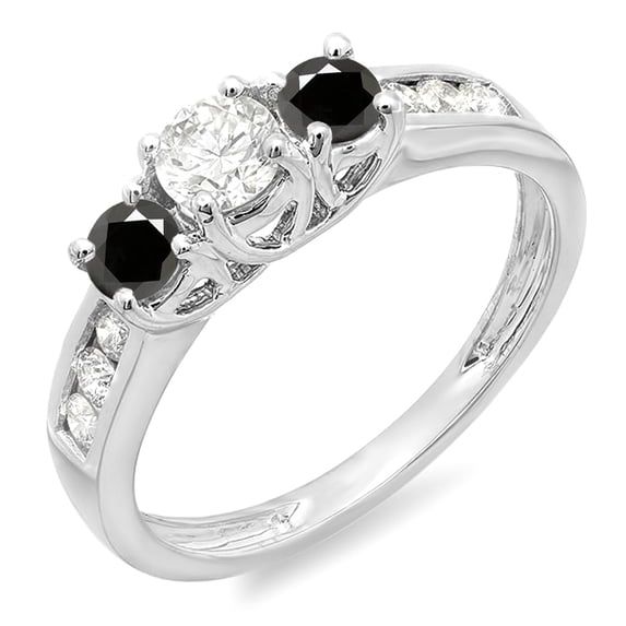 Dazzlingrock Collection 0.90 Carat (ctw) 10K Round Black And White Diamond 3 Stone Engagement Bridal Ring, White Gold, Size 8.5
