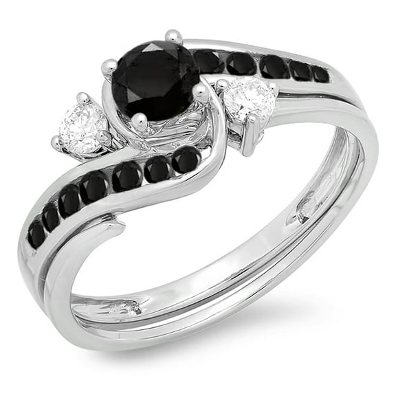 Dazzlingrock Collection 0.90 Carat (ctw) 10K Round Black & White Diamond Swirl Bridal Engagement Ring Set, White Gold, Size 10