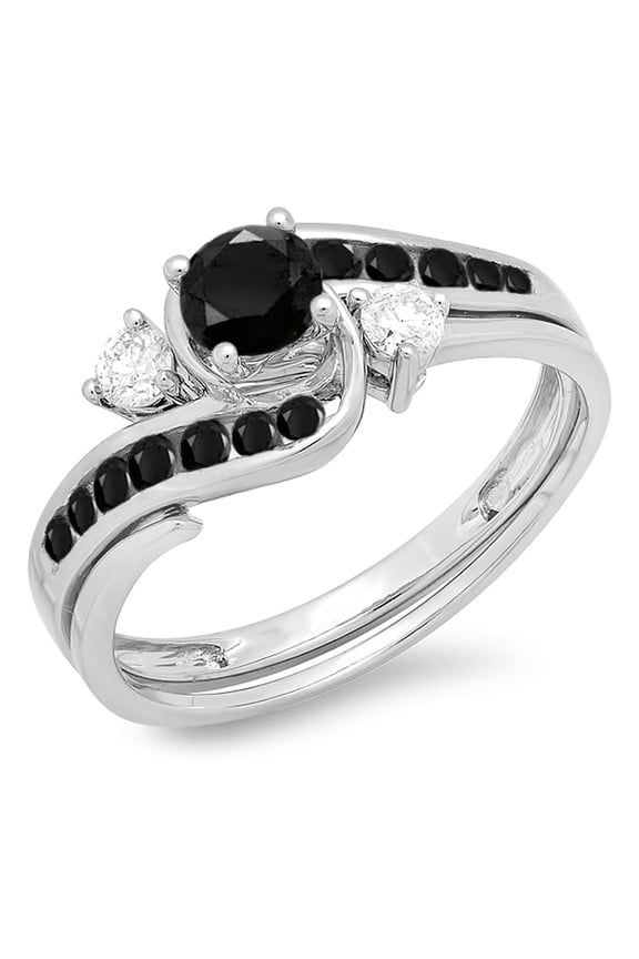 Collection 0.90 Carat (ctw) 10K Round Black & White Diamond Swirl Bridal Engagement Ring Set, White Gold, Size 4