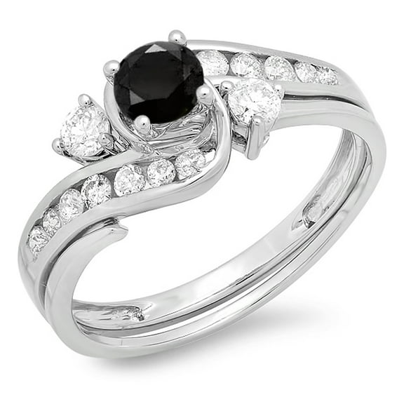 Dazzlingrock Collection 0.90 Carat (ctw) 10K Round Black & White Diamond Swirl Bridal Engagement Ring Set, White Gold, Size 5