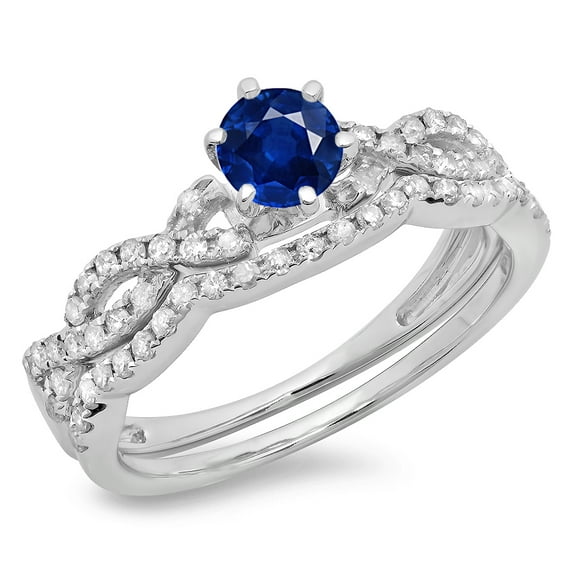 Dazzlingrock Collection 0.90 Carat (ctw) 10K Round Blue Sapphire & White Diamond Swirl Engagement Ring Set, White Gold, Size 6
