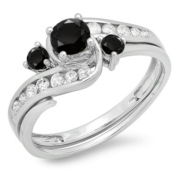 Dazzlingrock Collection 0.90 Carat (ctw) 10k Round Black And White Diamond Ladies Swirl Bridal Engagement Ring Matching Band Set, White Gold, Size 7.5