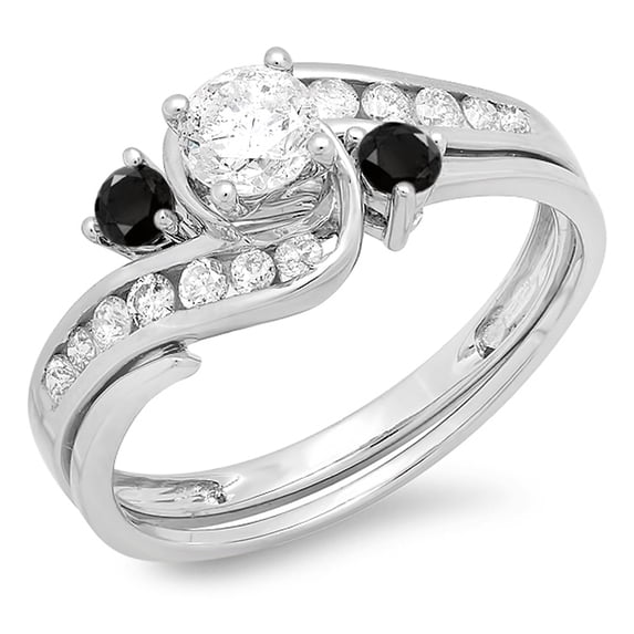 Dazzlingrock Collection 0.90 Carat (ctw) 10k Round Black And White Diamond Ladies Swirl Bridal Engagement Ring Matching Band Set, White Gold, Size 5
