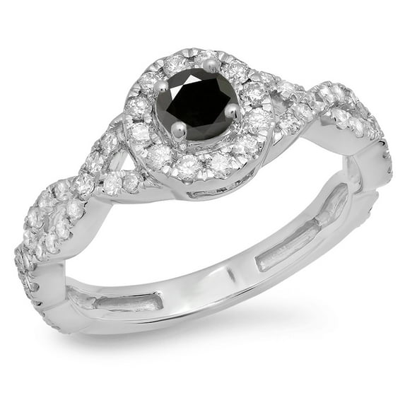 Dazzlingrock Collection 0.90 Carat (ctw) 14K Black & White Diamond Swirl Split Shank Halo Engagement Ring, White Gold, Size 4.5