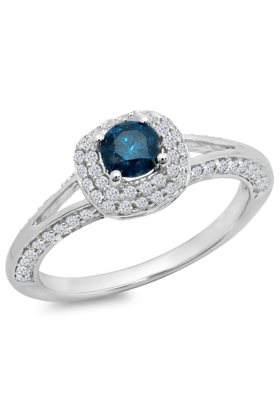 Collection 0.90 Carat (ctw) 14K Blue & White Diamond Bridal Split Shank Halo Engagement Ring, White Gold, Size 5