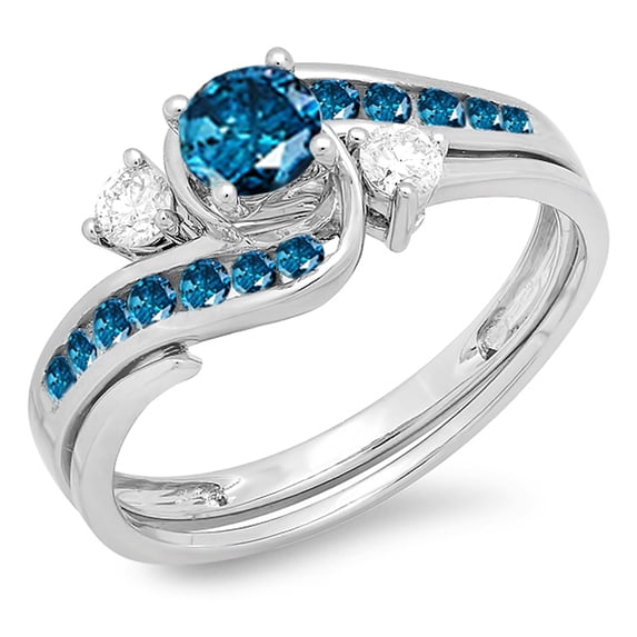 Dazzlingrock Collection 0.90 Carat (ctw) 14K Blue & White Diamond Swirl Bridal Engagement Ring Set, White Gold, Size 8