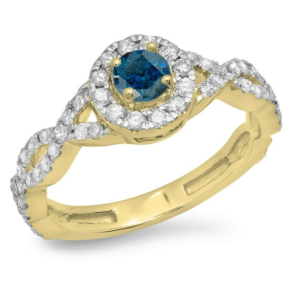 Dazzlingrock Collection 0.90 Carat (ctw) 14K Blue & White Diamond Swirl Split Shank Halo Engagement Ring, Yellow Gold, Size 4.5