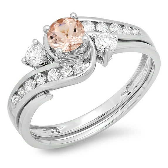 Dazzlingrock Collection 0.90 Carat (ctw) 14K Morganite & White Sapphire Swirl Bridal Engagement Band Set, White Gold, Size 4