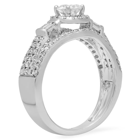 Dazzlingrock Collection 0.90 Carat (ctw) 14K Round & Baguette White Diamond Halo Bridal Engagement Ring, White Gold, Size 4
