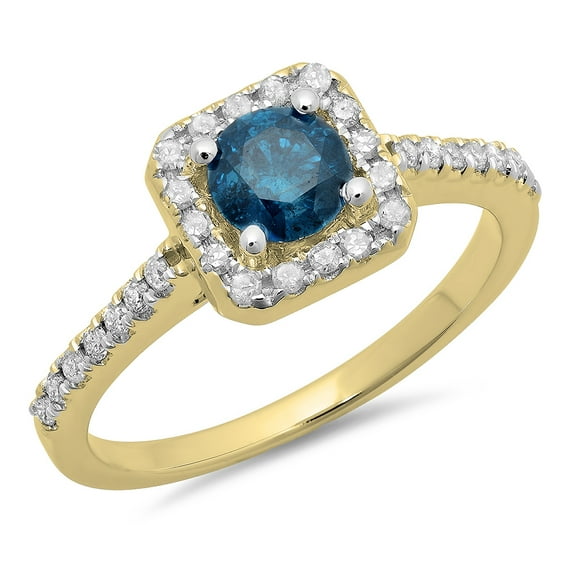 Dazzlingrock Collection 0.90 Carat (ctw) 14K Round Blue & White Diamond Bridal Halo Style Engagement Ring, Yellow Gold, Size 6.5