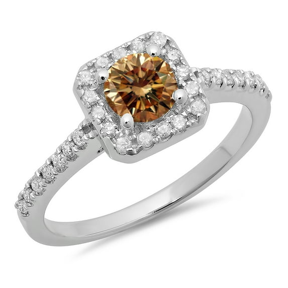 Dazzlingrock Collection 0.90 Carat (ctw) 14K Round Champagne & White Diamond Bridal Halo Engagement Ring, White Gold, Size 6