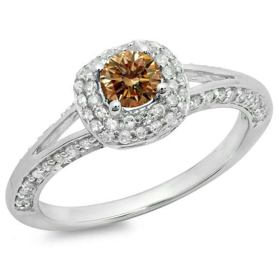 Dazzlingrock Collection 0.90 Carat (ctw) 14K Round Champagne & White Diamond Bridal Halo Engagement Ring, White Gold, Size 7