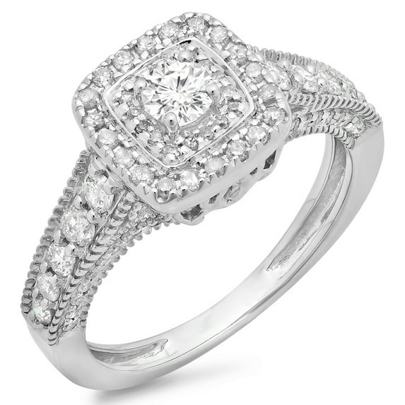 Dazzlingrock Collection 0.90 Carat (ctw) 14K Round White Diamond Ladies Vintage Halo Style Engagement Ring, White Gold, Size 5