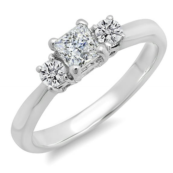 Dazzlingrock Collection 0.90 Carat (ctw) 14k 3 Stone Princess Center Round Side Diamond Engagement Ring, White Gold, Size 6