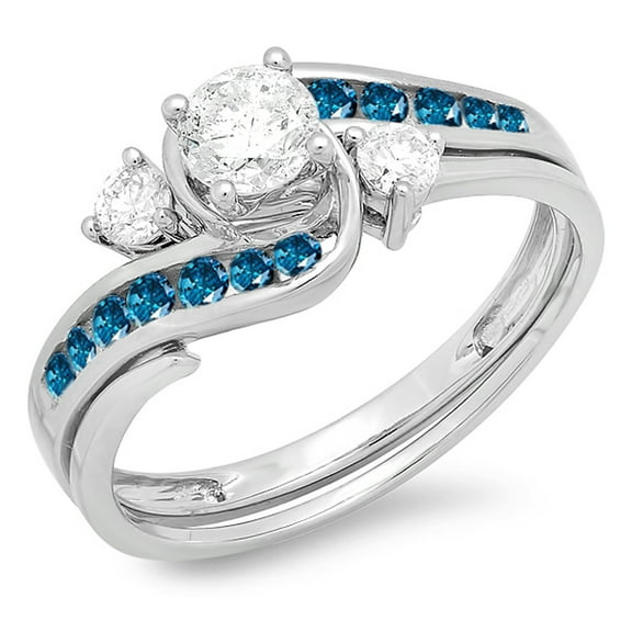 Dazzlingrock Collection 0.90 Carat (ctw) 14k Round Blue And White Diamond Swirl Bridal Engagement Ring Set, White Gold, Size 6.5