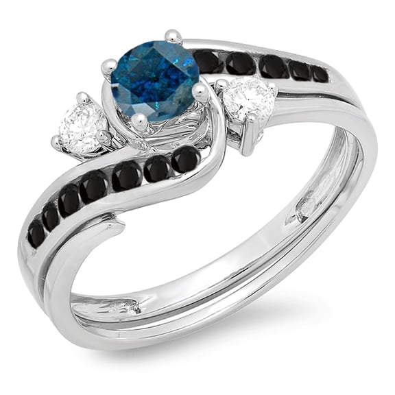 Dazzlingrock Collection 0.90 Carat (ctw) 18K Blue, Black & White Diamond Swirl Bridal Engagement Ring Set, White Gold, Size 8