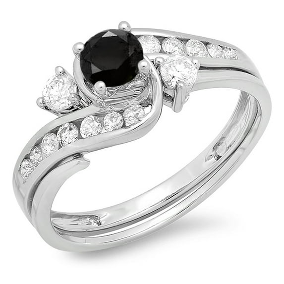 Dazzlingrock Collection 0.90 Carat (ctw) 18k Round Black & White Diamond Swirl Bridal Engagement Ring Set, White Gold, Size 8