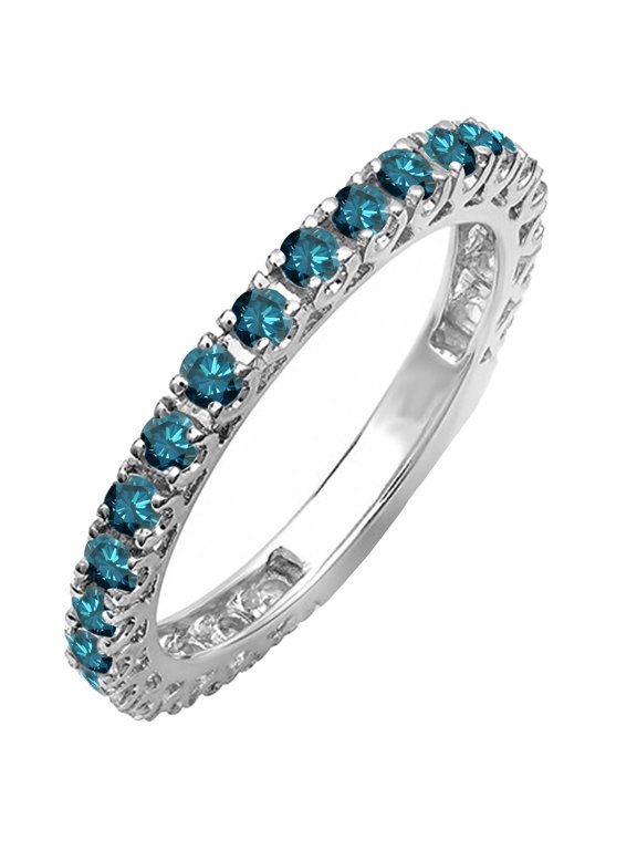Collection 0.90 Carat (ctw) Round Blue Diamond Ladies Eternity Sizeable Stackable Wedding Band | 10K White Gold, Size 9