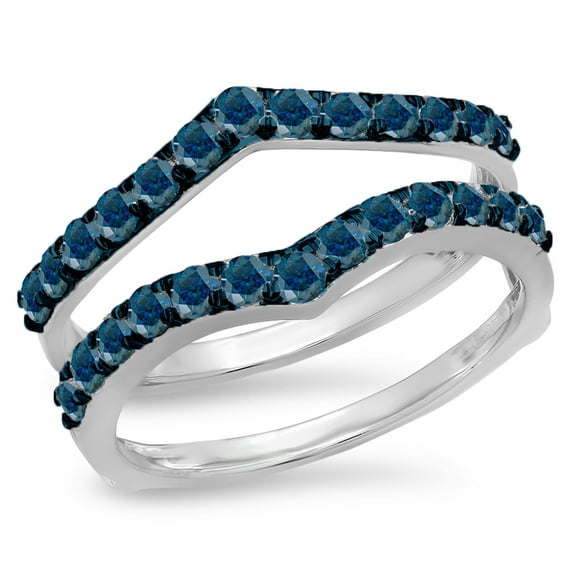 Dazzlingrock Collection 0.95 Carat (ctw) 14K Round Blue Diamond Wedding Enhancer Guard Double Band 1 CT, White Gold, Size 6