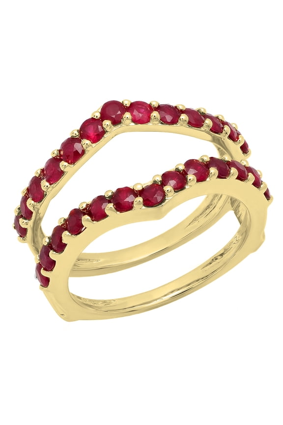 Collection 0.95 Carat (ctw) 14K Round Ruby Ladies Wedding Enhancer Guard Double Band 1 CT, Yellow Gold, Size 7