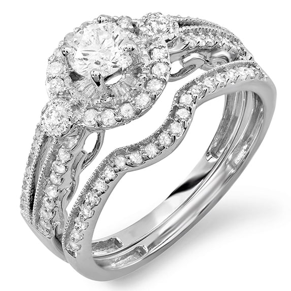 Dazzlingrock Collection 0.98 Carat (ctw) 14K Round Cut White Diamond Bridal Halo Engagement Ring Set 1 CT, White Gold, Size 5.5