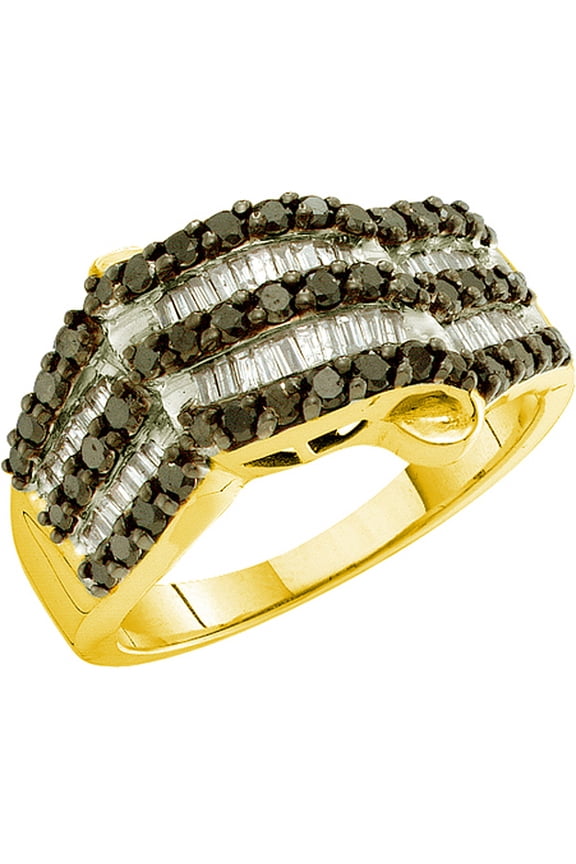 Collection 0.98 Carat (ctw) 14k Round & Baguette Cut White & Black Diamond Right Hand Fashion Band 1 CT, Yellow Gold