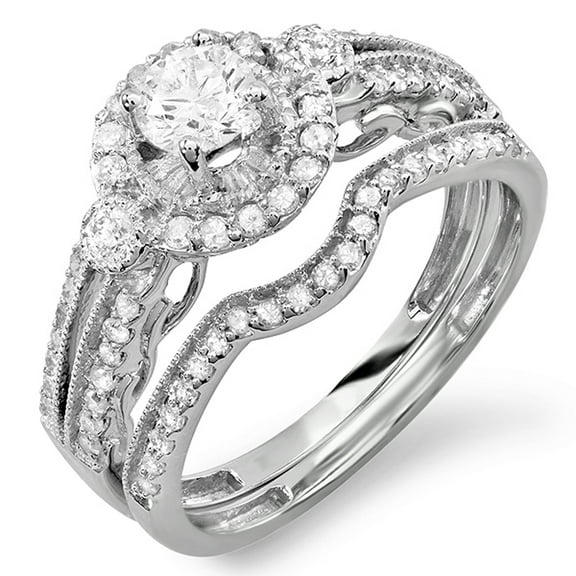 Dazzlingrock Collection 0.98 Carat (ctw) 14k Round Cut White Diamond Ladies Bridal Halo Engagement Ring Set With Matching Band 0.40 CT Center Included 1 CT, White Gold, Size 7.5