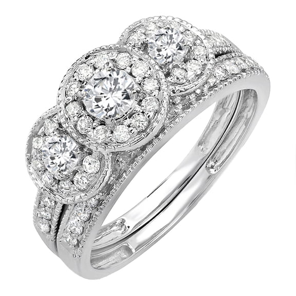 Dazzlingrock Collection 0.98 Carat (ctw) Round White Diamond 3 Stone Engagement Ring Set for Her 1 CT | 14K White Gold