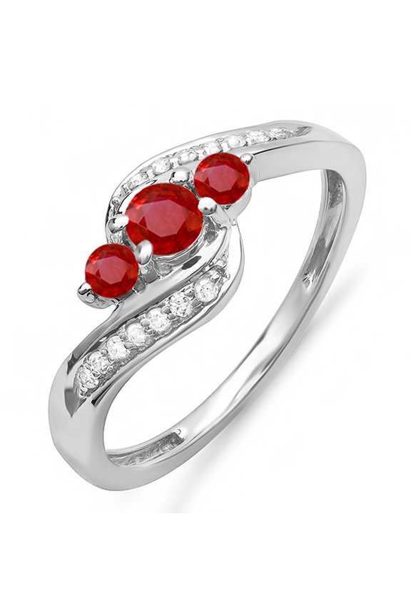 Collection 1.00 Carat (Ctw) 14k Round Red Ruby & White Diamond Swirl 3 Stone Bridal Ring, White Gold, Size 7.5