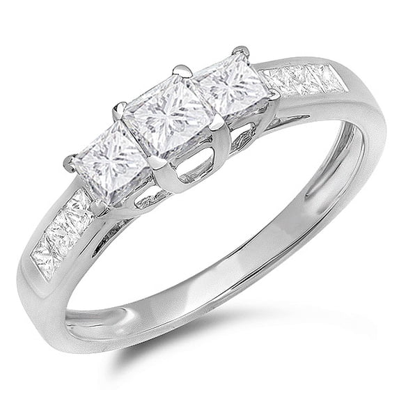 Dazzlingrock Collection 1.00 Carat (ctw) 10K Princess Cut Diamond Ladies 3 Stone Bridal Engagement Ring 1 CT, White Gold, Size 9