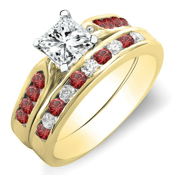 Dazzlingrock Collection 1.00 Carat (ctw) 10K Princess & Round Cut Diamond & Ruby Engagement Ring Set 1 CT, Yellow Gold, Size 6.5