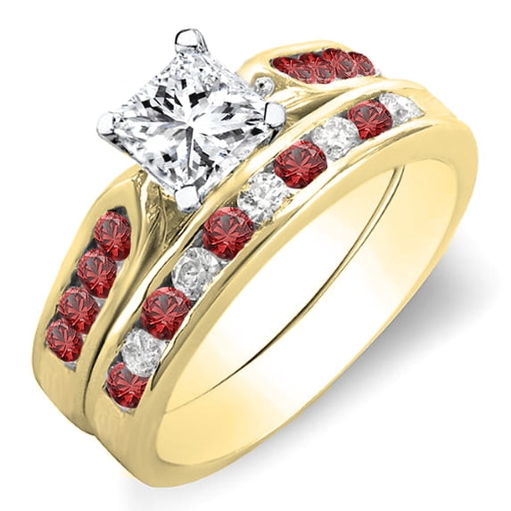 Dazzlingrock Collection 1.00 Carat (ctw) 10K Princess & Round Cut Diamond & Ruby Engagement Ring Set 1 CT, Yellow Gold, Size 9