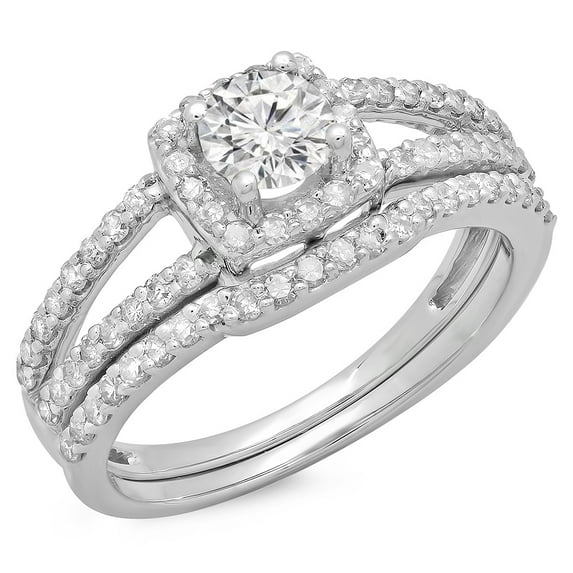 Dazzlingrock Collection 1.00 Carat (ctw) 10K Round Diamond Ladies Split Shank Halo Bridal Ring Set 1 CT, White Gold, Size 8.5