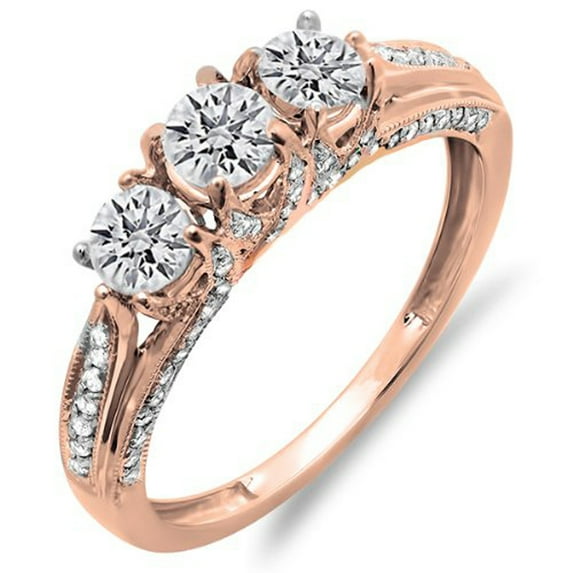 Dazzlingrock Collection 1.00 Carat (ctw) 10K Round Diamond Ladies Vintage 3 Stone Engagement Ring 1 CT, Rose Gold, Size 8