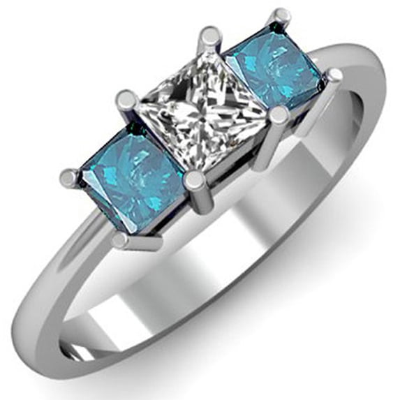 Dazzlingrock Collection 1.00 Carat (ctw) 10k Princess Cut Blue & White Diamond Bridal 3 Stone Ring 1 CT, White Gold, Size 9