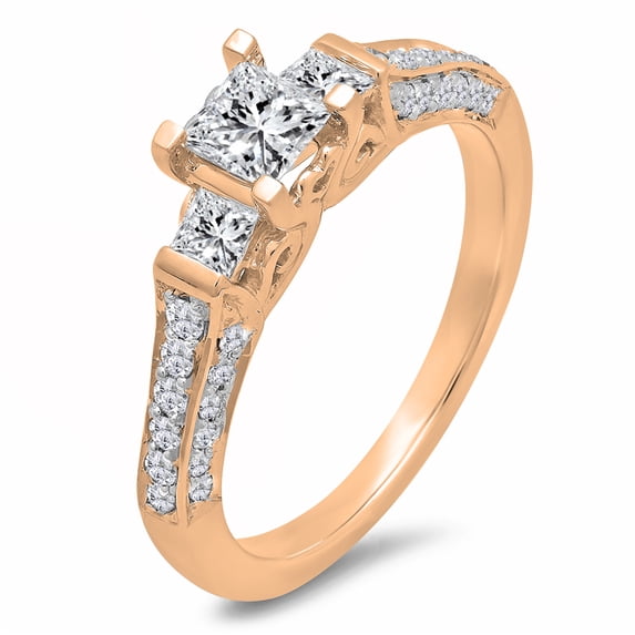Dazzlingrock Collection 1.00 Carat (ctw) 10k Princess & Round 3 Stone Diamond Ladies Bridal Engagement Ring 1 CT, Rose Gold, Size 6