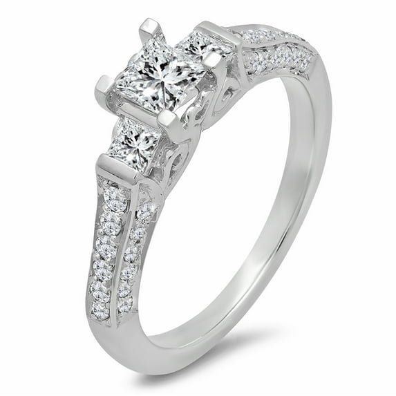 Dazzlingrock Collection 1.00 Carat (ctw) 10k Princess & Round 3 Stone Diamond Ladies Bridal Engagement Ring 1 CT, White Gold, Size 7