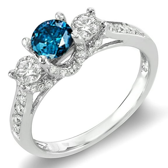 Dazzlingrock Collection 1.00 Carat (ctw) 10k Round White And Blue Diamond 3 Stone Bridal Engagement Ring, White Gold, Size 8