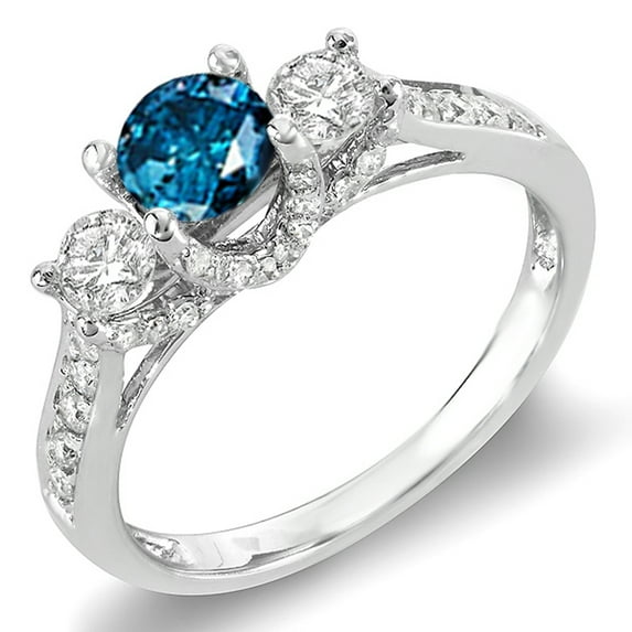 Dazzlingrock Collection 1.00 Carat (ctw) 10k Round White And Blue Diamond 3 Stone Bridal Engagement Ring, White Gold, Size 8