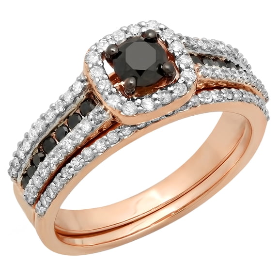 Dazzlingrock Collection 1.00 Carat (ctw) 14K Black And White Diamond Bridal Halo Engagement Ring Set 1 CT, Rose Gold, Size 6.5