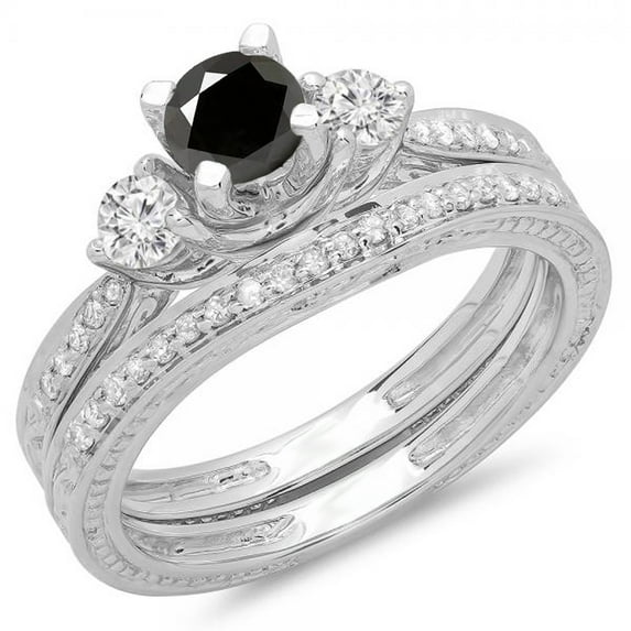 Dazzlingrock Collection 1.00 Carat (ctw) 14K Black & White Diamond 3 Stone Bridal Engagement Ring Set 1 CT, White Gold, Size 6.5