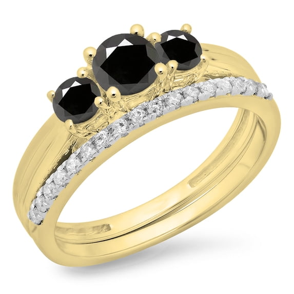 Dazzlingrock Collection 1.00 Carat (ctw) 14K Black & White Diamond 3 Stone Engagement Ring Band Set 1 CT, Yellow Gold, Size 8