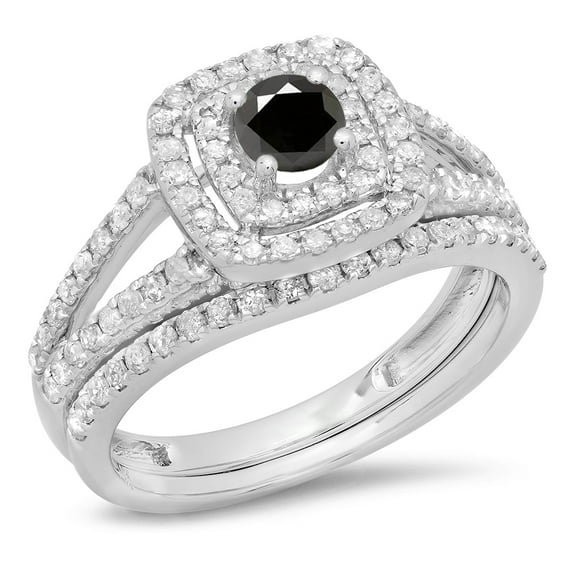 Dazzlingrock Collection 1.00 Carat (ctw) 14K Black & White Diamond Bridal Halo Engagement Ring Set 1 CT, White Gold, Size 10